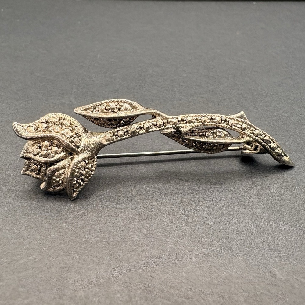 Vintage Long Stem Rose Flower Floral Marcasite Silver Tone Brooch 2"
